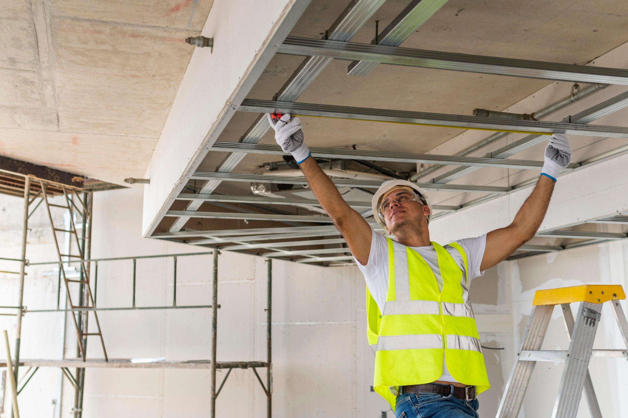Contractor in a hard hat measuring metal ceiling framing before drywall