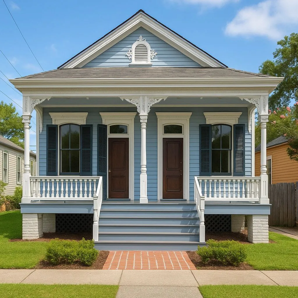 AI-GENERATED illustration of a blue New Orleans double-shotgun house (filename: 'ChatGPT Image Aug 12, 2025') — not a real project