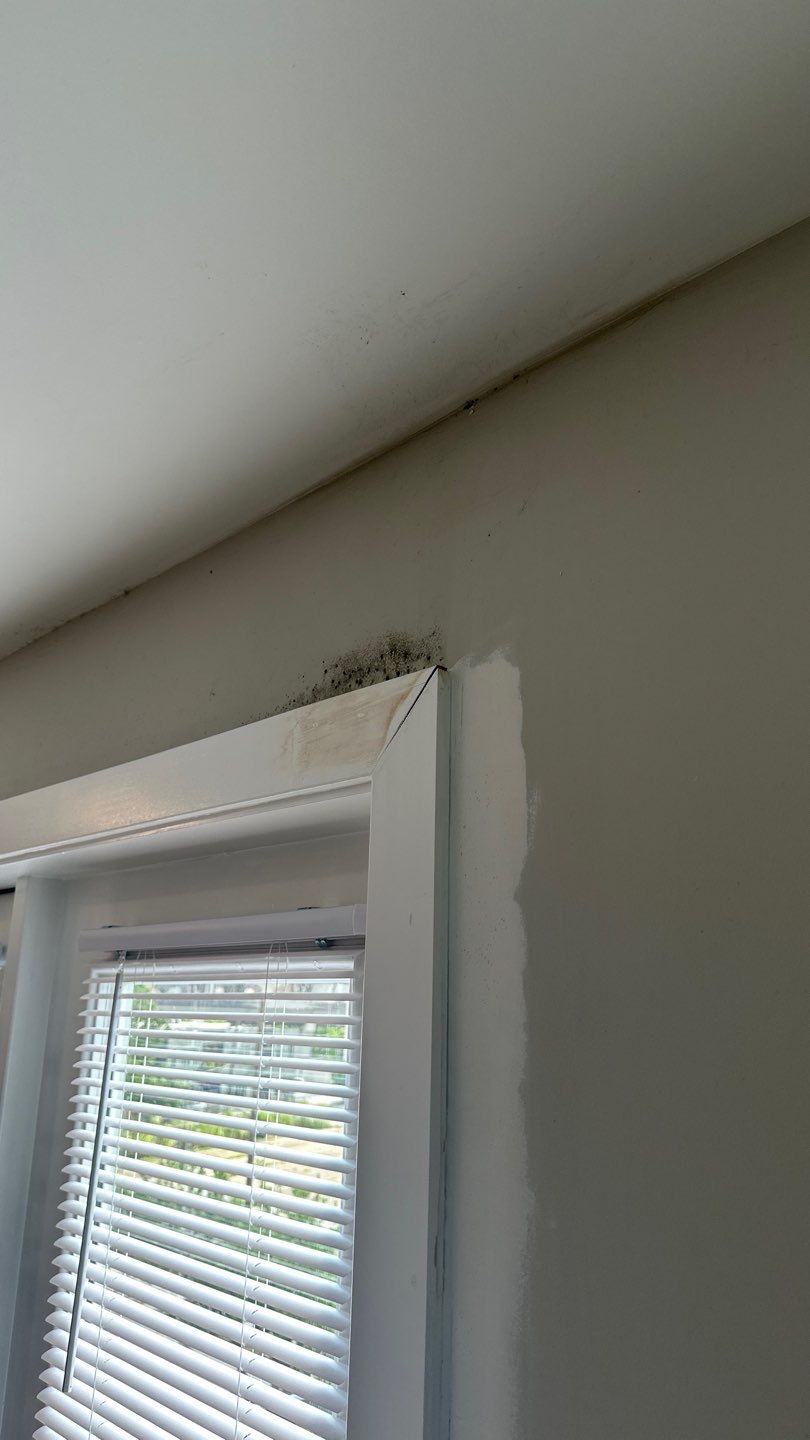 Dark spotting and wall damage above interior door casing